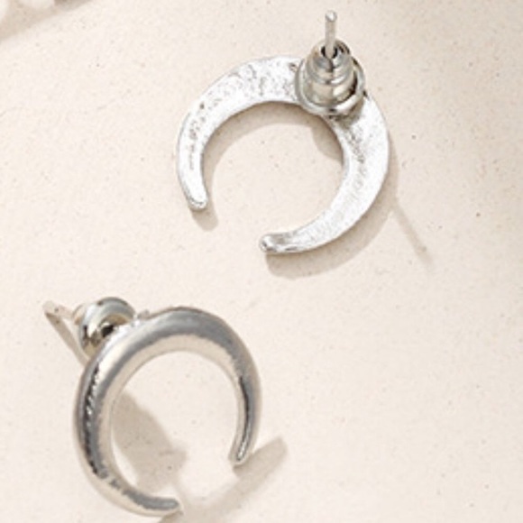 Silver Tone Crescent Moon Stud Earrings - Picture 3 of 4